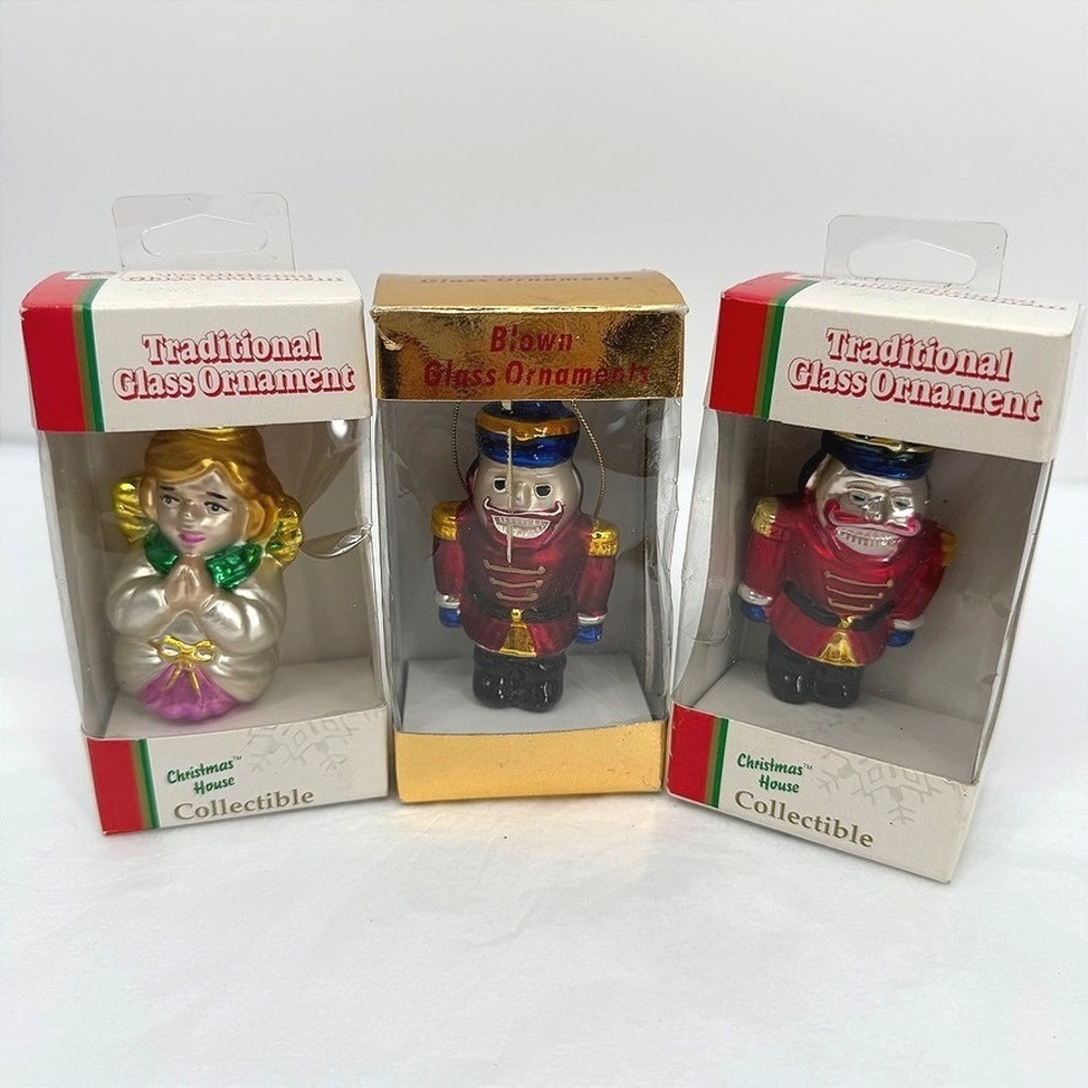 Christmas House Traditional Glass Ornaments Nutcracker Angel Blown Glass 3 Pc